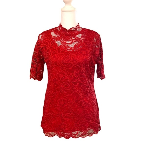 Isaac Mizrahi Live Red Mock Neck Lace Top Small - Picture 3 of 9